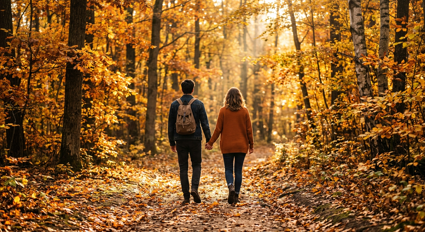 Paar hält Händchen auf einem Spaziergang im Herbstwald — gemeinsam durch Patchwork