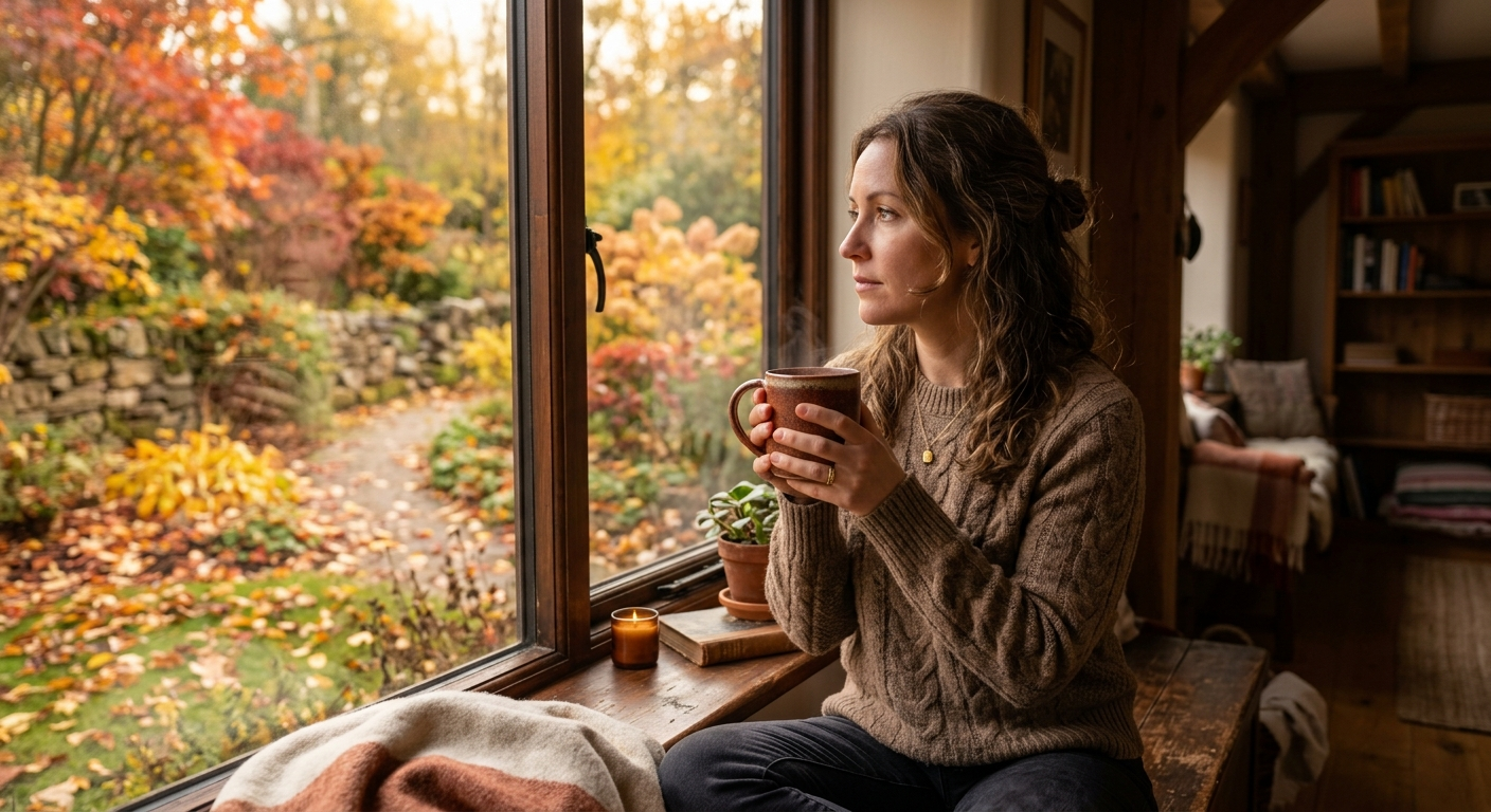Frau hält eine warme Keramiktasse und blickt nachdenklich aus dem Fenster in einen herbstlichen Garten