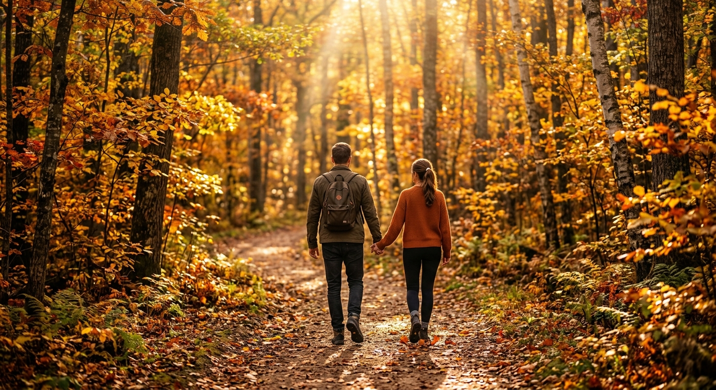 Paar hält Hände beim Spaziergang durch einen herbstlichen Wald, goldenes Licht zwischen den Bäumen